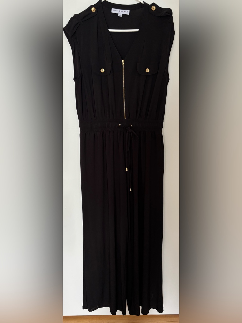 Emma & Michele Black Maxi Jumpsuit with Drawstring and Gold Zipper - Size Large